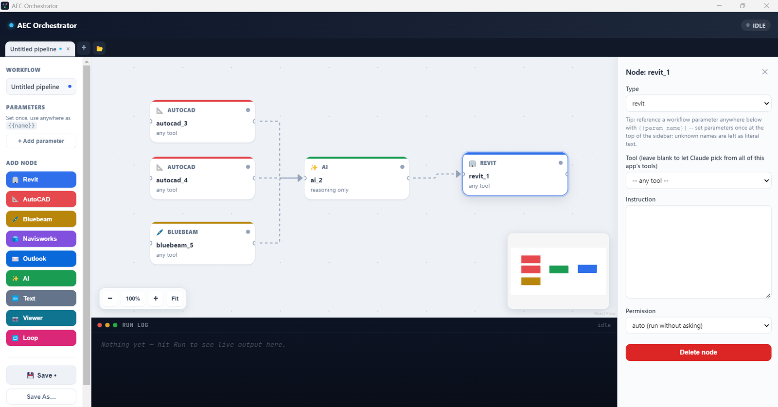 AEC Orchestrator pipeline canvas with AutoCAD, AI, and Bluebeam nodes wired together, node settings panel open on the right
